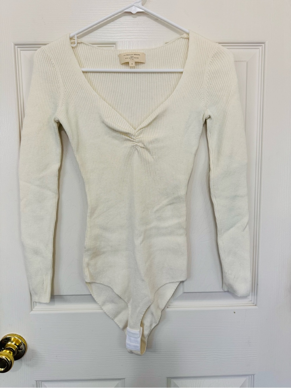 Sézane L’Amour Paris Merino Wool Cotton Ribbed Knit Bodysuit Cream Ivory Small S
